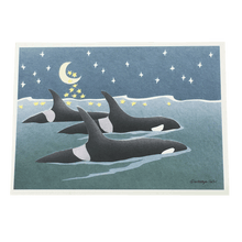 Load image into Gallery viewer, Holiday card with three orcas swimming at the surface of the sea. The moon and stars in the night sky are reflected on the water's surface.
