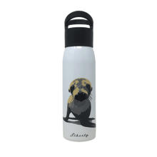 Load image into Gallery viewer, White reusable water bottle with black twist cap and sea lion image on front