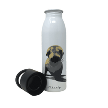 Load image into Gallery viewer, White reusable bottle with sea lion image on front. Black twist-off cap with holding handles sits beside the open bottle
