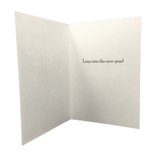 Load image into Gallery viewer, Open card with text "Leap into the new year!"