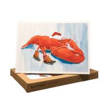 Load image into Gallery viewer, Holiday card with red-orange lobster wearing Santa hat and brown dock boots.