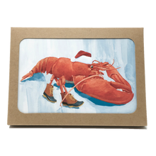 Load image into Gallery viewer, Box of holiday cards with lobster wearing Santa hat and boots on cover.