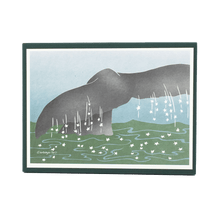 Load image into Gallery viewer, Holiday card box cover with whale tail emerging from green water dotted with white stars.