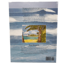 Load image into Gallery viewer, The back cover of "The Journey of the Northern Fur Seal" depicting a summary of the book, an introduction to the author Ilona Hemperly, and a small photo of an illustrated beach scene with ocean, sand, palm trees, and blue sky. The background behind the text and photo are of waves crashing.