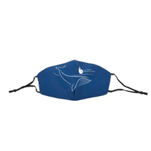 Load image into Gallery viewer, 4-layer navy blue face mask with cinch-string elastic and the white image of a whale and logo.