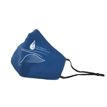 Load image into Gallery viewer, Sideview of a 4-layer navy blue face mask with cinch-string elastic and the white image of a whale and logo.