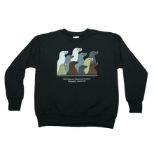 Load image into Gallery viewer, Black crew-neck sweatshirt featuring design with 10 sea lion profiles in white, gray, tan, and brown on front. Text "The Marine Mammal Center Sausalito, California" beneath design.