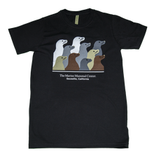 Load image into Gallery viewer, Black t-shirt with design of ten sea lion profiles in brown, gray, tan, and white and text "The Marine Mammal Center Sausalito, California" underneath