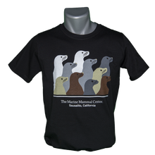Load image into Gallery viewer, Black t-shirt with ten sea lions design, on mannequin bust