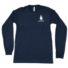 Load image into Gallery viewer, Navy blue long-sleeve shirt with Marine Mammal Center logo in white on left chest and brand tag BELLA+CANVAS