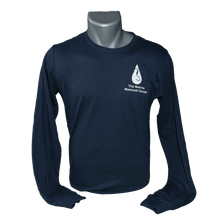 Load image into Gallery viewer, Navy blue Marine Mammal Center logo long-sleeve shirt on gray mannequin bust