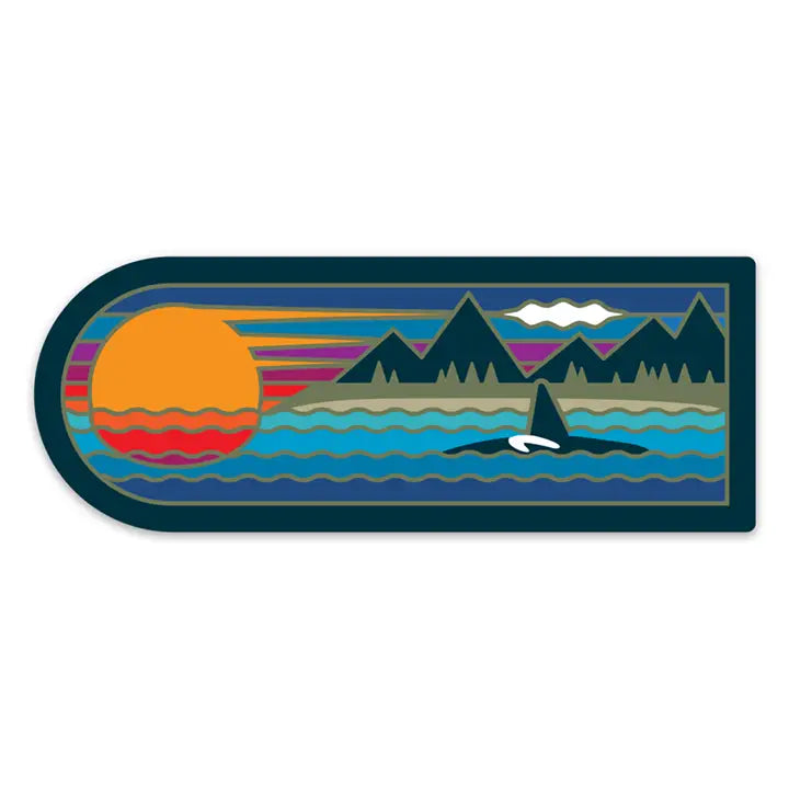 Orca, Sunset, Mountains & Beach Scene Sticker