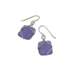 Dangly earrings with square lavender purple glass piece encased in silver wiring