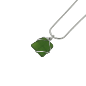Kiwi green rectangular glass pendant encased in silver wiring, on silver snake chain.