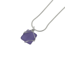 Load image into Gallery viewer, Lavender purple rectangular glass pendant encased in silver wiring, on silver snake chain.
