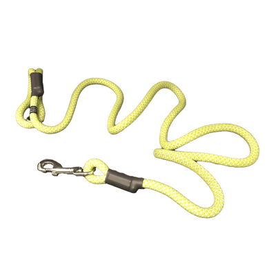 Bright yellow-green rope dog lease with silver metal clip on one end. 