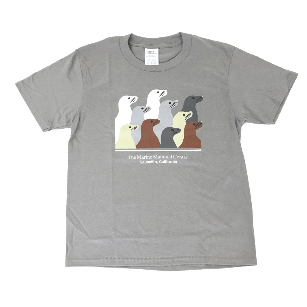 Light gray youth t-shirt with ten sea lion profiles in white, gray, tan and brown. Text 