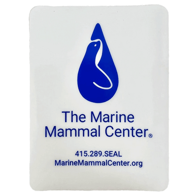 Decal of The Marine Mammal Center deep blue gradient logo, organization name, rescue hotline number, and website address on a medium opaque white background.