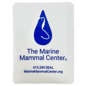 Decal of The Marine Mammal Center deep blue gradient logo, organization name, rescue hotline number, and website address on a medium opaque white background.