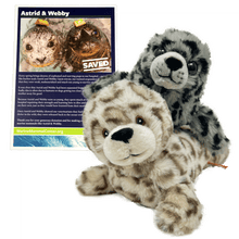 Load image into Gallery viewer, Two plush seals sit in front of a certificate titled &quot;Astrid &amp; Webby&quot; and &quot;Saved&quot; depicting two Pacific harbor seals in the water.  The lower plush seal has light brown spots and embroidered eyes and the other plush seal is grey with black spots and bead eyes leaning on the first seal.
