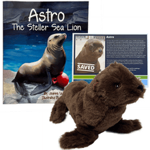 Load image into Gallery viewer, Small brown sea lion plush toy in front of paperback book titled &quot;Astro The Steller Sea Lion&quot; and symbolic adoption certificate with Steller sea lion Astro&#39;s photo and story.
