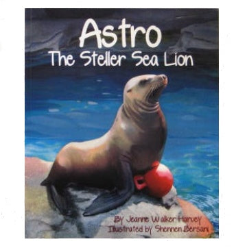 Blue, brown and gray book cover with Steller sea lion illustration in foreground. 