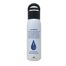 Load image into Gallery viewer, White reusable bottle with black cap and The Marine Mammal Center&#39;s logo in blue on back. Text reads &quot;Our Mission: The Marine Mammal Center advances global ocean conservation through marine mammal rescue and rehabilitation, scientific research, and education.&quot;

