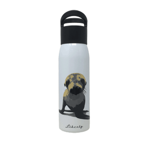 White reusable water bottle with black twist cap and sea lion image on front