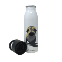 Load image into Gallery viewer, White reusable bottle with sea lion image on front. Black twist-off cap with holding handles sits beside the open bottle
