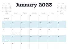 Load image into Gallery viewer, January 2023 calendar grid with mini grids for December and February in the top left and right respectively
