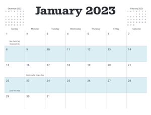 January 2023 calendar grid with mini grids for December and February in the top left and right respectively