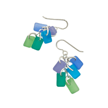 Load image into Gallery viewer, Silver dangly earrings with 5 square seaglass charms of various colors (light green, dark green, light blue, periwinkle, and cobalt blue) dangling.
