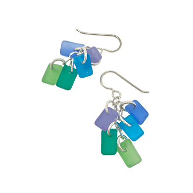 Silver dangly earrings with 5 square seaglass charms of various colors (light green, dark green, light blue, periwinkle, and cobalt blue) dangling.