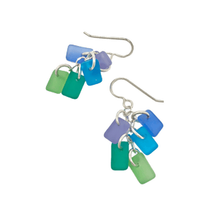 Silver dangly earrings with 5 square seaglass charms of various colors (light green, dark green, light blue, periwinkle, and cobalt blue) dangling.