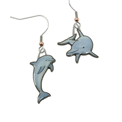 Light blue glossy earrings in shape of bottlenose dolphins; leaping dolphin on left, swimming dolphin on right.Copper bead at base of ear wires.
