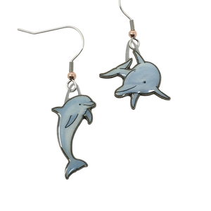 Light blue glossy earrings in shape of bottlenose dolphins; leaping dolphin on left, swimming dolphin on right.Copper bead at base of ear wires.