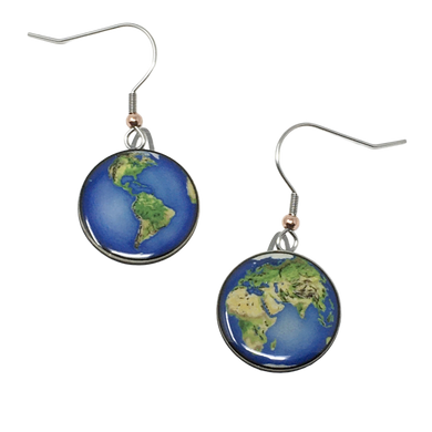 Earrings with glossy blue and green circular pendants; left shows western hemisphere, right shows eastern hemisphere. Copper bead at base of each ear wire.