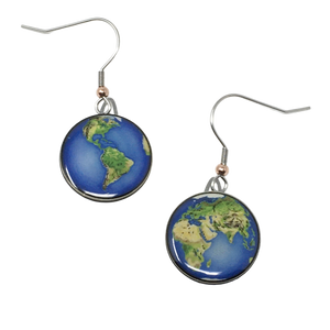 Earrings with glossy blue and green circular pendants; left shows western hemisphere, right shows eastern hemisphere. Copper bead at base of each ear wire.