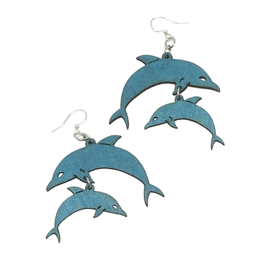Two relief-style blue wooden dolphin earrings with silver ear wires.  Each individual earring has two dolphins linked together vertically, one larger linked to the hook wire and one smaller linked below the larger dolphin.