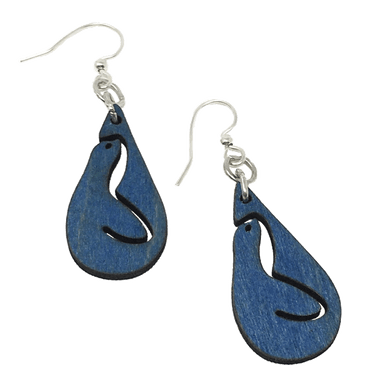 Two dark blue wooden relief-style earrings with The Marine Mammal Center's teardrop-shaped logo on silver wire hooks.