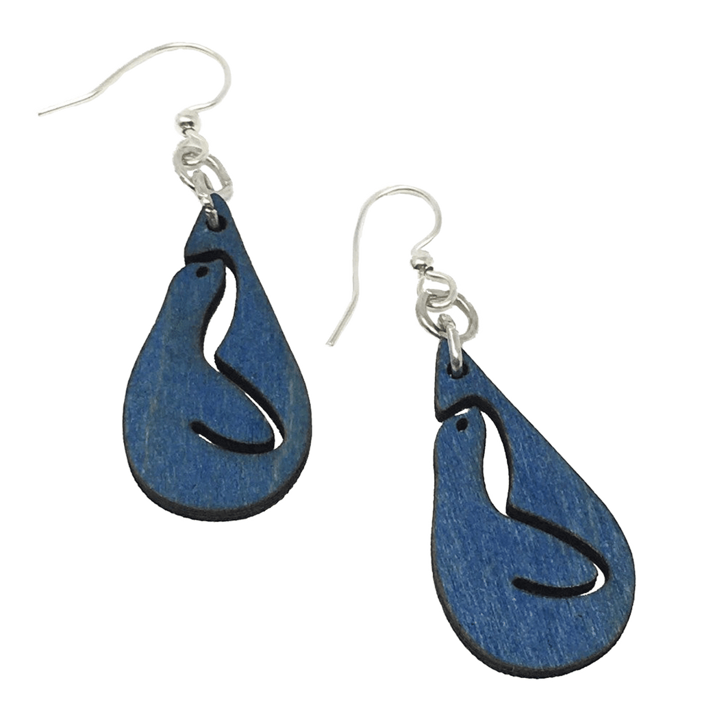 Two dark blue wooden relief-style earrings with The Marine Mammal Center's teardrop-shaped logo on silver wire hooks.