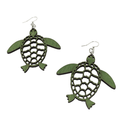 Two dark green wooden relief-style turtle earrings with silver wire hooks.
