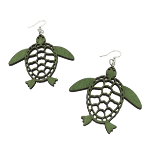 Two dark green wooden relief-style turtle earrings with silver wire hooks.