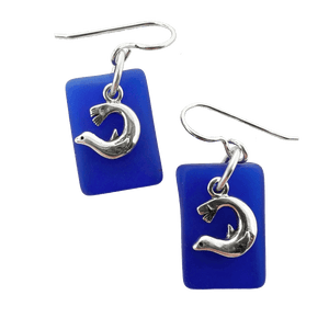 Cobalt blue rectangular seaglass dangly earrings with silver ear wires and seal charms.