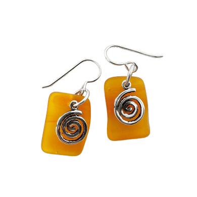 Orange-yellow rectangular seaglass dangly earrings with silver earwires and silver swirl charms.