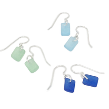 Load image into Gallery viewer, Three sets of dangly rectangular seaglass earrings, in cobalt, turquoise, and seafoam color variants on silver earwires..
