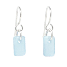 Load image into Gallery viewer, A set of dangly rectangular seaglass earrings, turquoise in color, on silver earwires.
