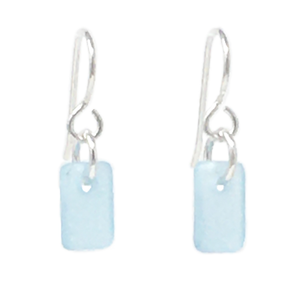 A set of dangly rectangular seaglass earrings, turquoise in color, on silver earwires.