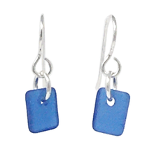 Load image into Gallery viewer, A set of dangly rectangular seaglass earrings, cobalt in color, on silver earwires.
