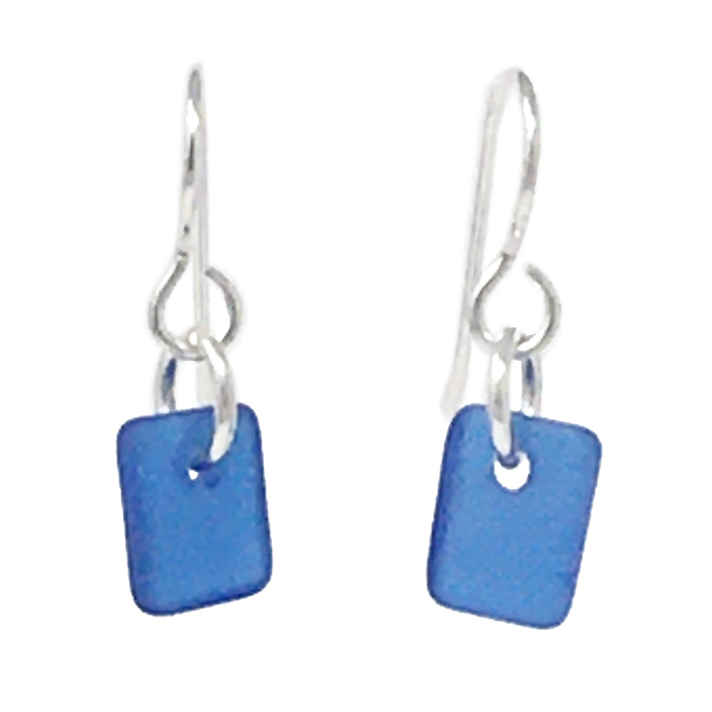 A set of dangly rectangular seaglass earrings, cobalt in color, on silver earwires.